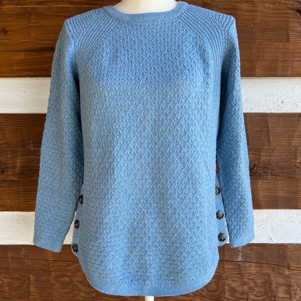 J. JILL Mixed Cable Knit Sweater Ocean Blue, Side Buttons, Long Sleeves, XS